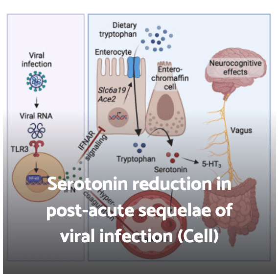 Serotonin reduction in post-acute sequelae of viral infection