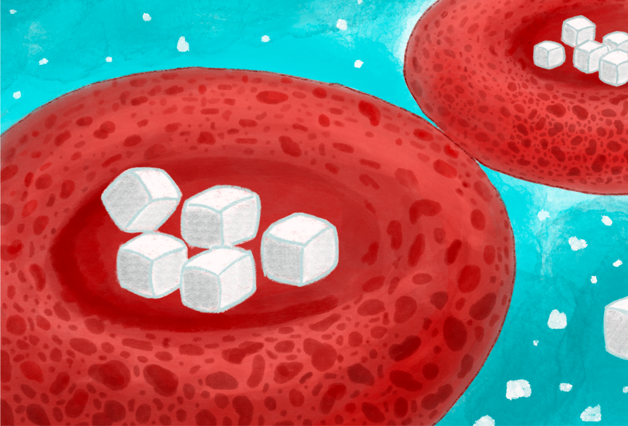 Illustration of red blood cells carrying sugar cubes